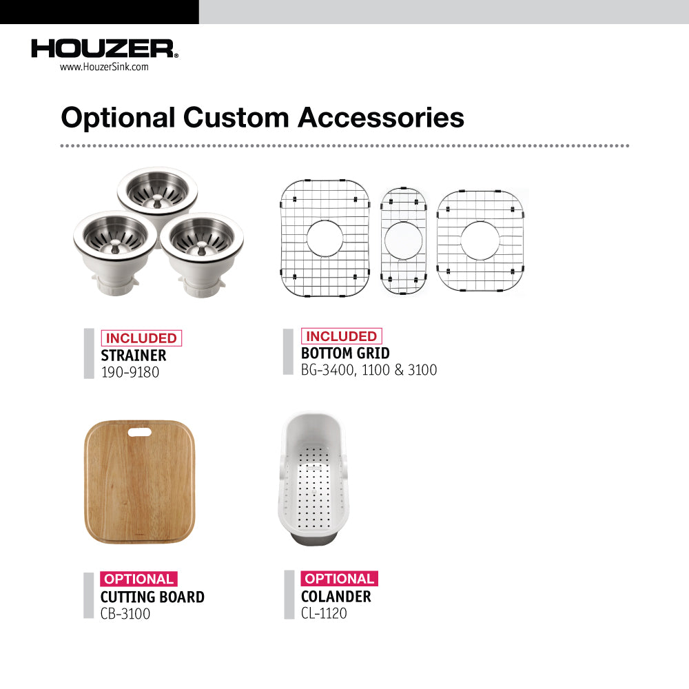 Houzer Premier 41 inch Stainless Steel Drop-in Topmount 4-hole Triple Bowl Kitchen Sink with Strainer & Grids - 18 Gauge, PGT-4322-C