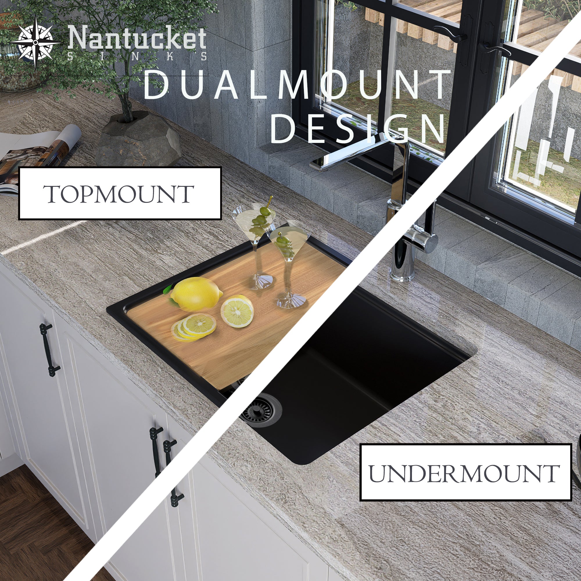 Nantucket Sinks Rockport 22" Dual Mount Granite Composite Workstation Kitchen Sink with Accessories, White, PR2219PS-W