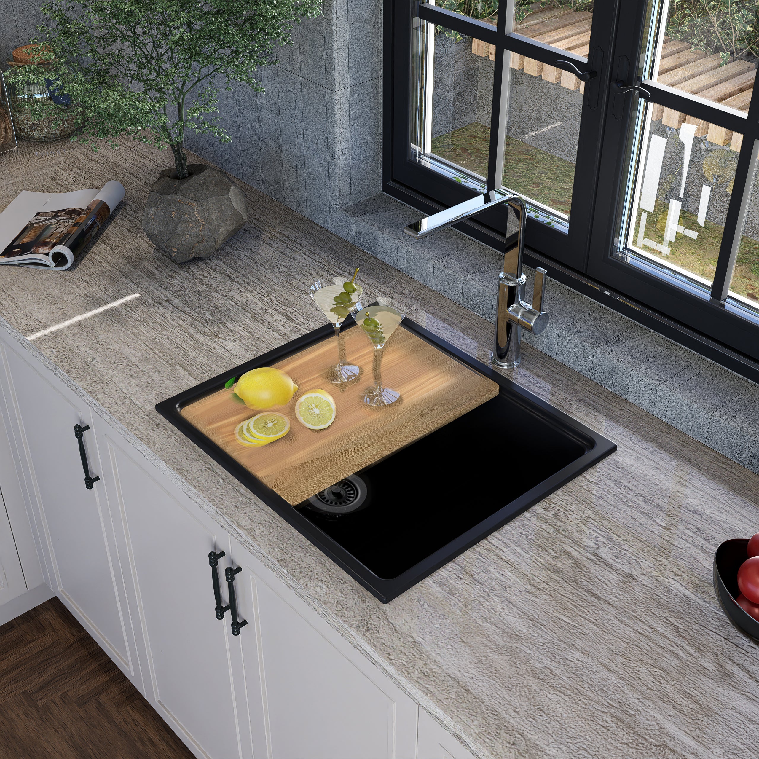 Nantucket Sinks Rockport 22" Dual Mount Granite Composite Workstation Kitchen Sink with Accessories, Black, PR2219PS-BL