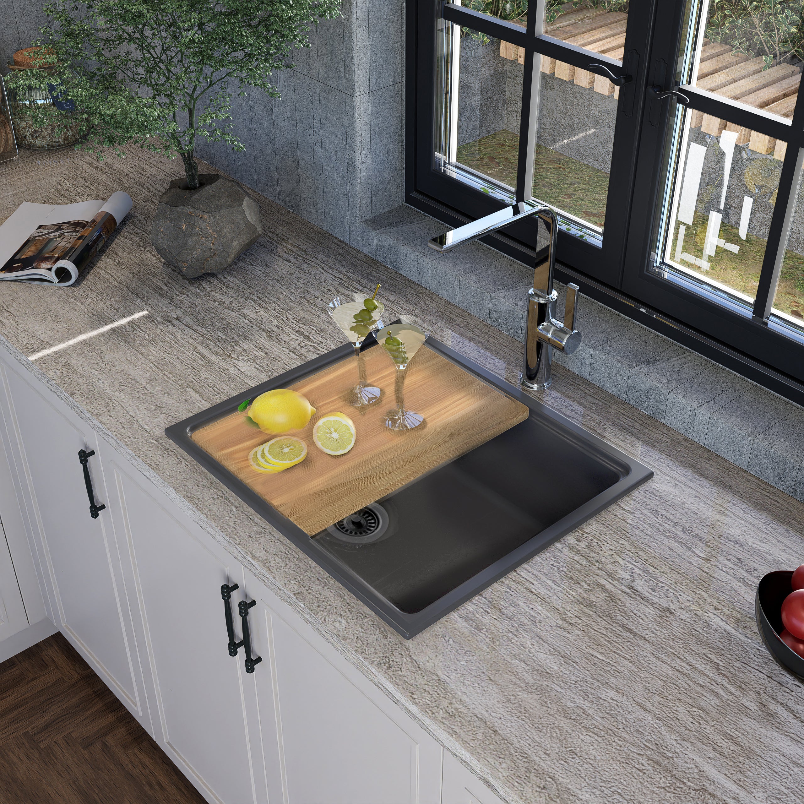 Nantucket Sinks Rockport 22" Dual Mount Granite Composite Workstation Kitchen Sink with Accessories, Titanium, PR2219PS-TI