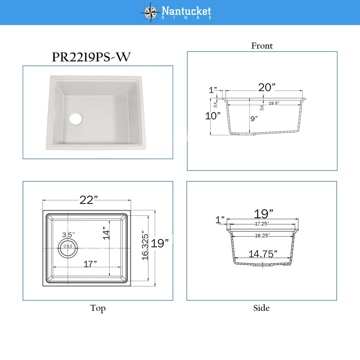Nantucket Sinks Rockport 22" Dual Mount Granite Composite Workstation Kitchen Sink with Accessories, White, PR2219PS-W