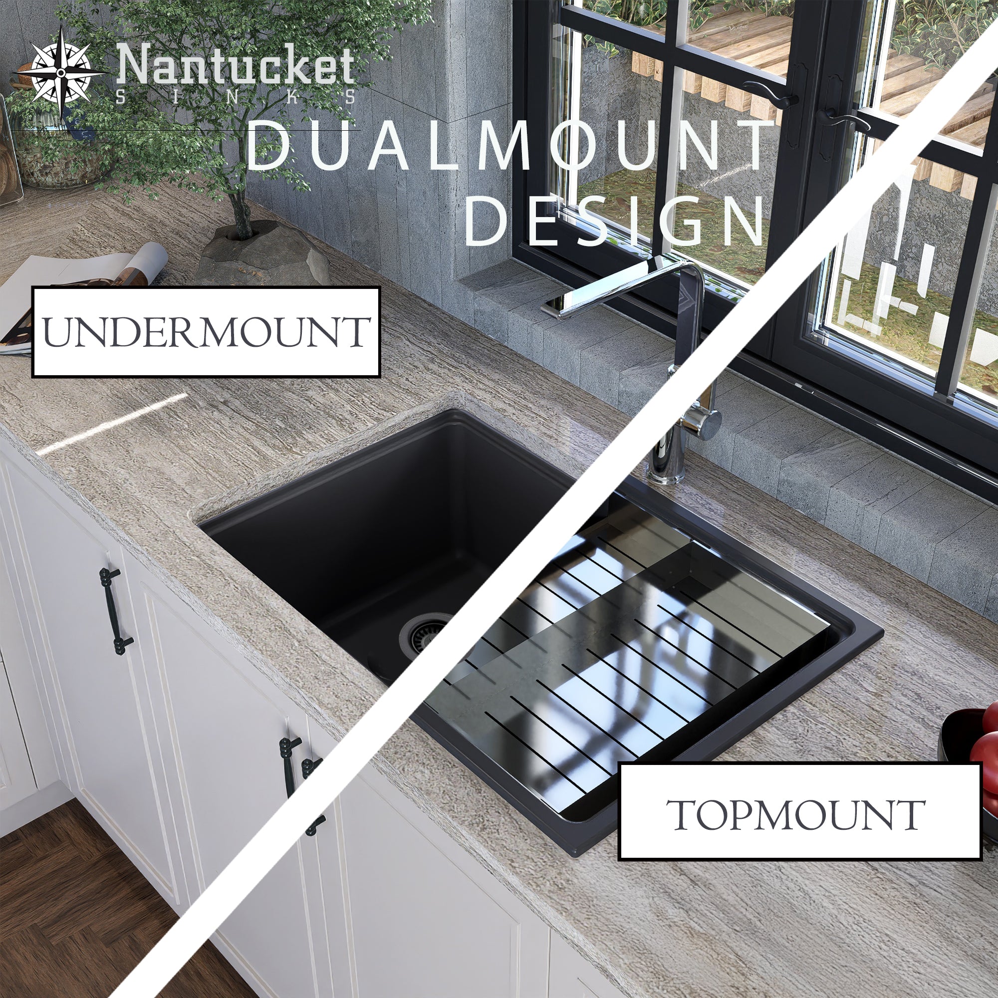 Nantucket Sinks Rockport 30" Dual Mount Granite Composite Workstation Kitchen Sink with Accessories, White, PR3019PS-W