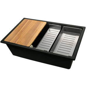 Nantucket Sinks Rockport 30" Dual Mount Granite Composite Workstation Kitchen Sink with Accessories, Black, PR3019PS-BL