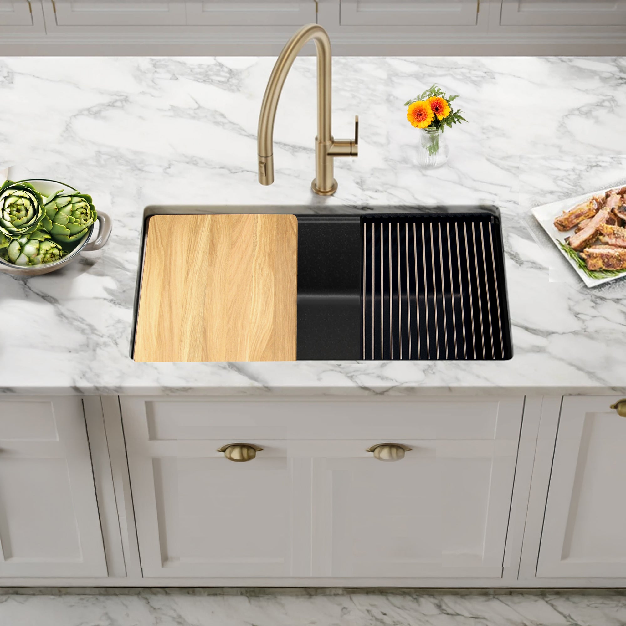 Nantucket Sinks Rockport 30" Dual Mount Granite Composite Workstation Kitchen Sink with Accessories, Black, PR3019PS-BL