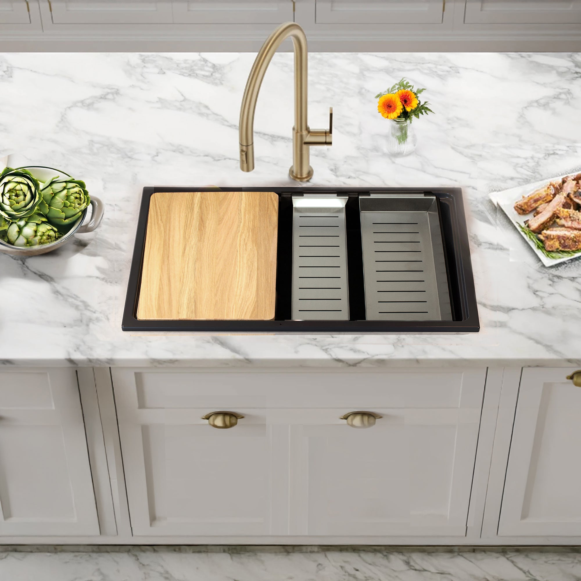 Nantucket Sinks Rockport 30" Dual Mount Granite Composite Workstation Kitchen Sink with Accessories, Black, PR3019PS-BL