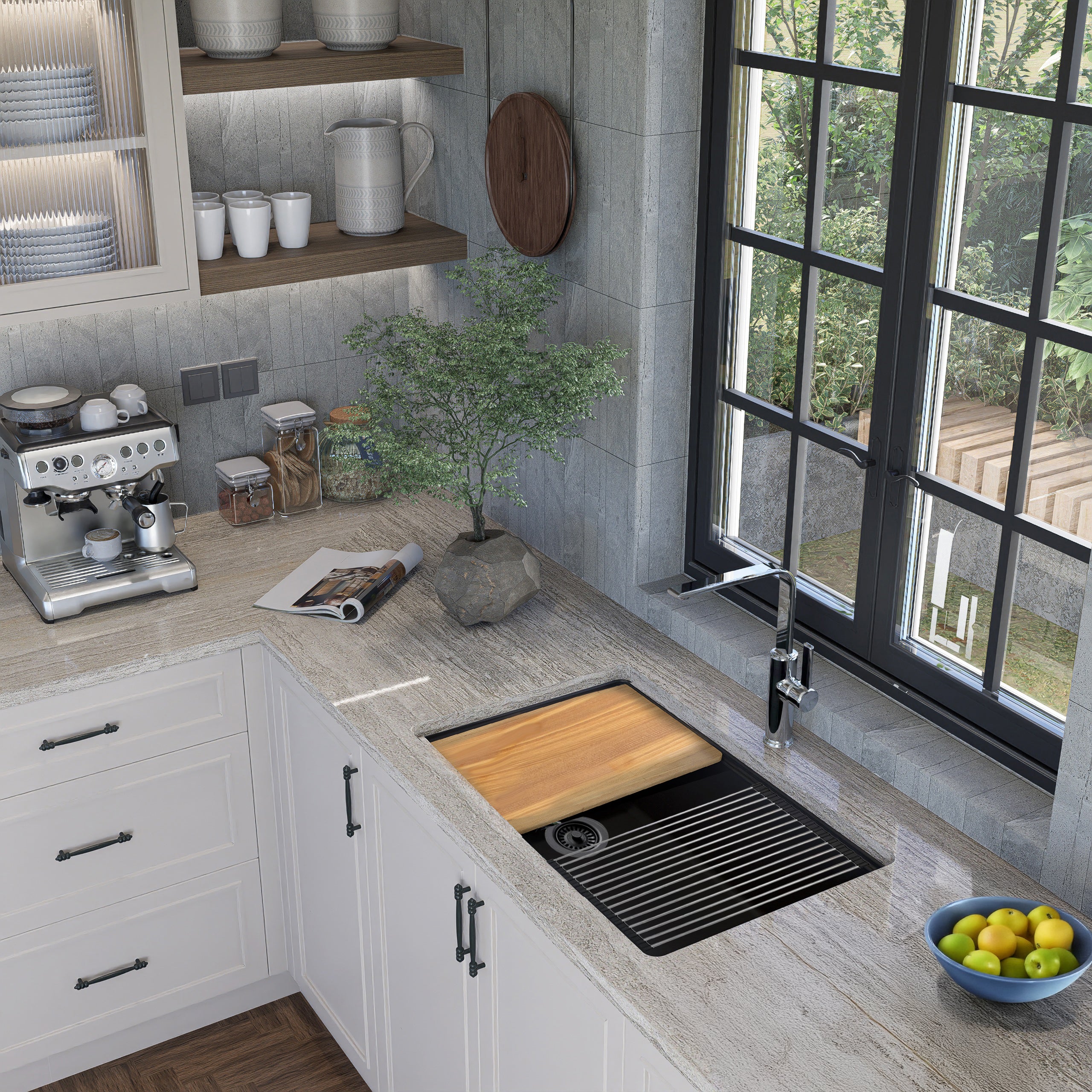 Nantucket Sinks Rockport 30" Dual Mount Granite Composite Workstation Kitchen Sink with Accessories, Black, PR3019PS-BL