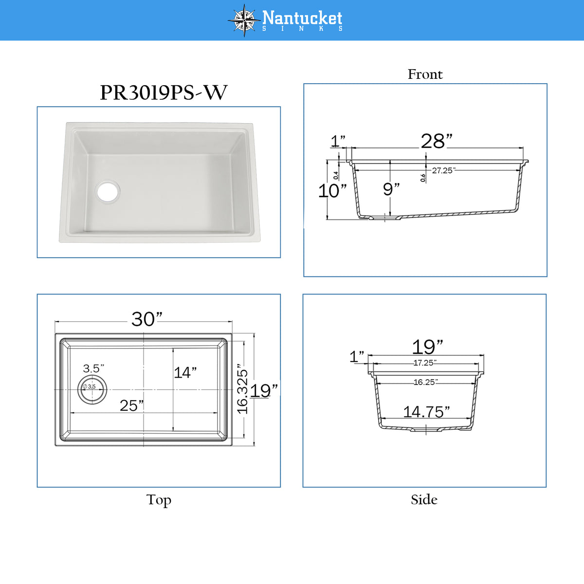 Nantucket Sinks Rockport 30" Dual Mount Granite Composite Workstation Kitchen Sink with Accessories, White, PR3019PS-W
