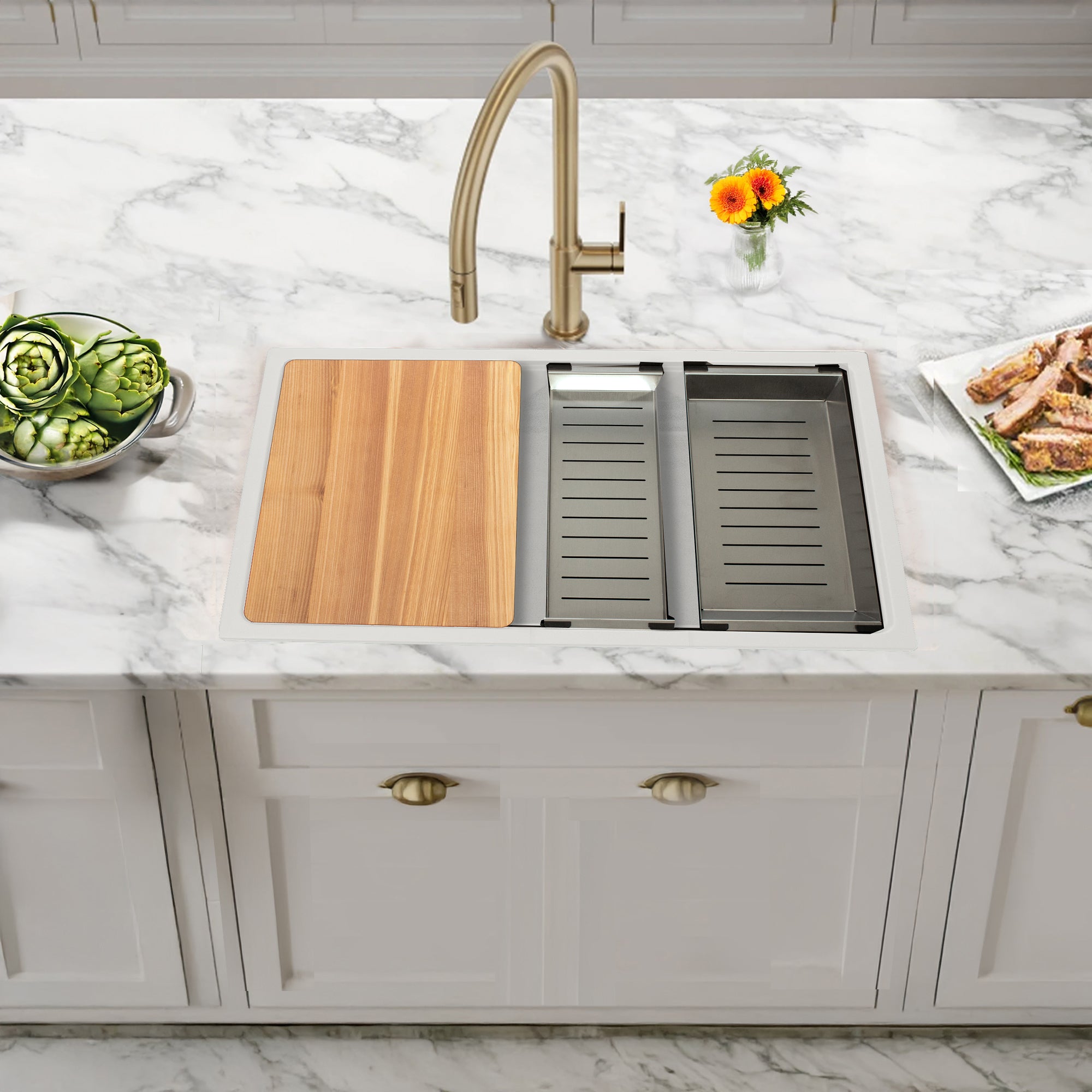 Nantucket Sinks Rockport 30" Dual Mount Granite Composite Workstation Kitchen Sink with Accessories, White, PR3019PS-W
