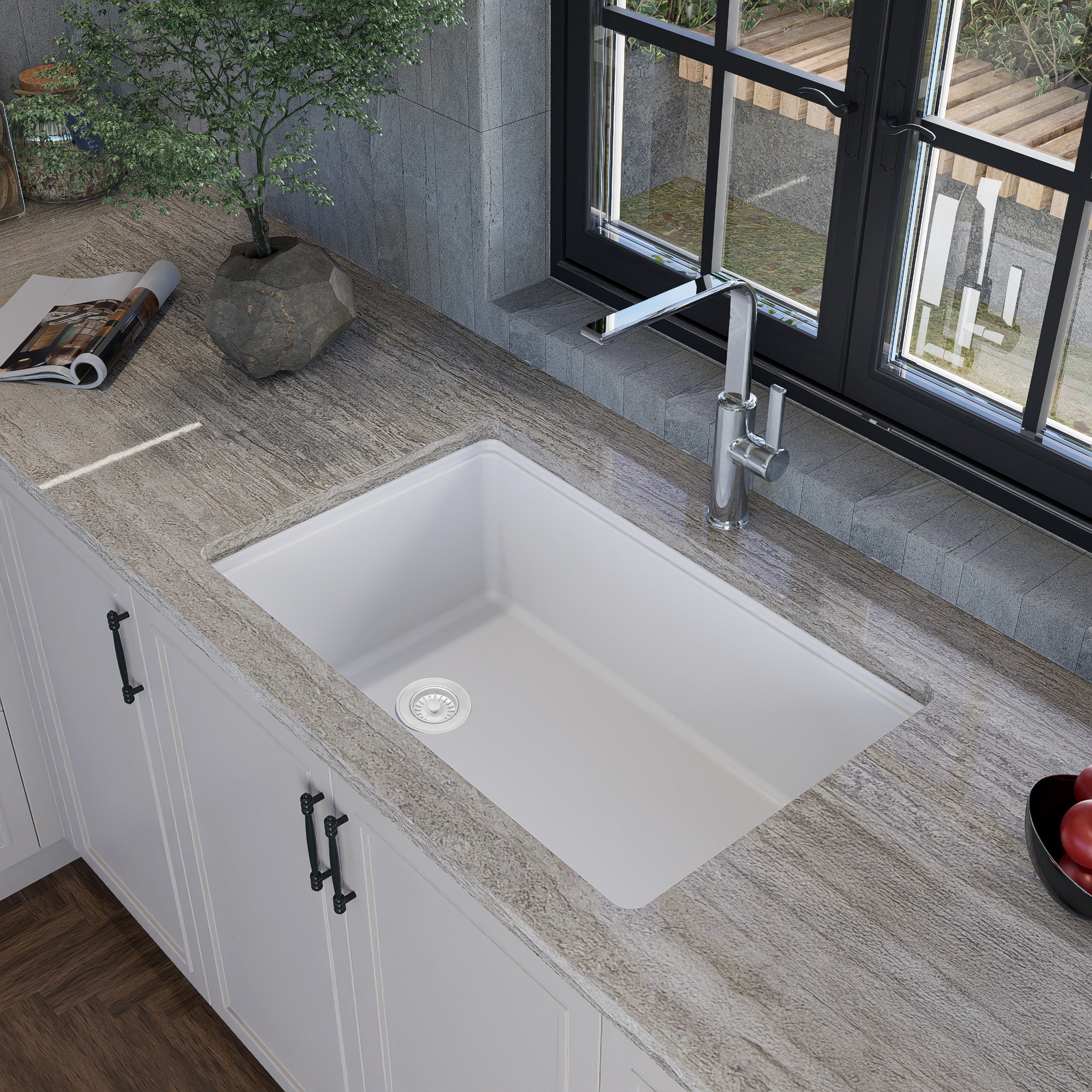 Nantucket Sinks Rockport 30" Dual Mount Granite Composite Workstation Kitchen Sink with Accessories, White, PR3019PS-W
