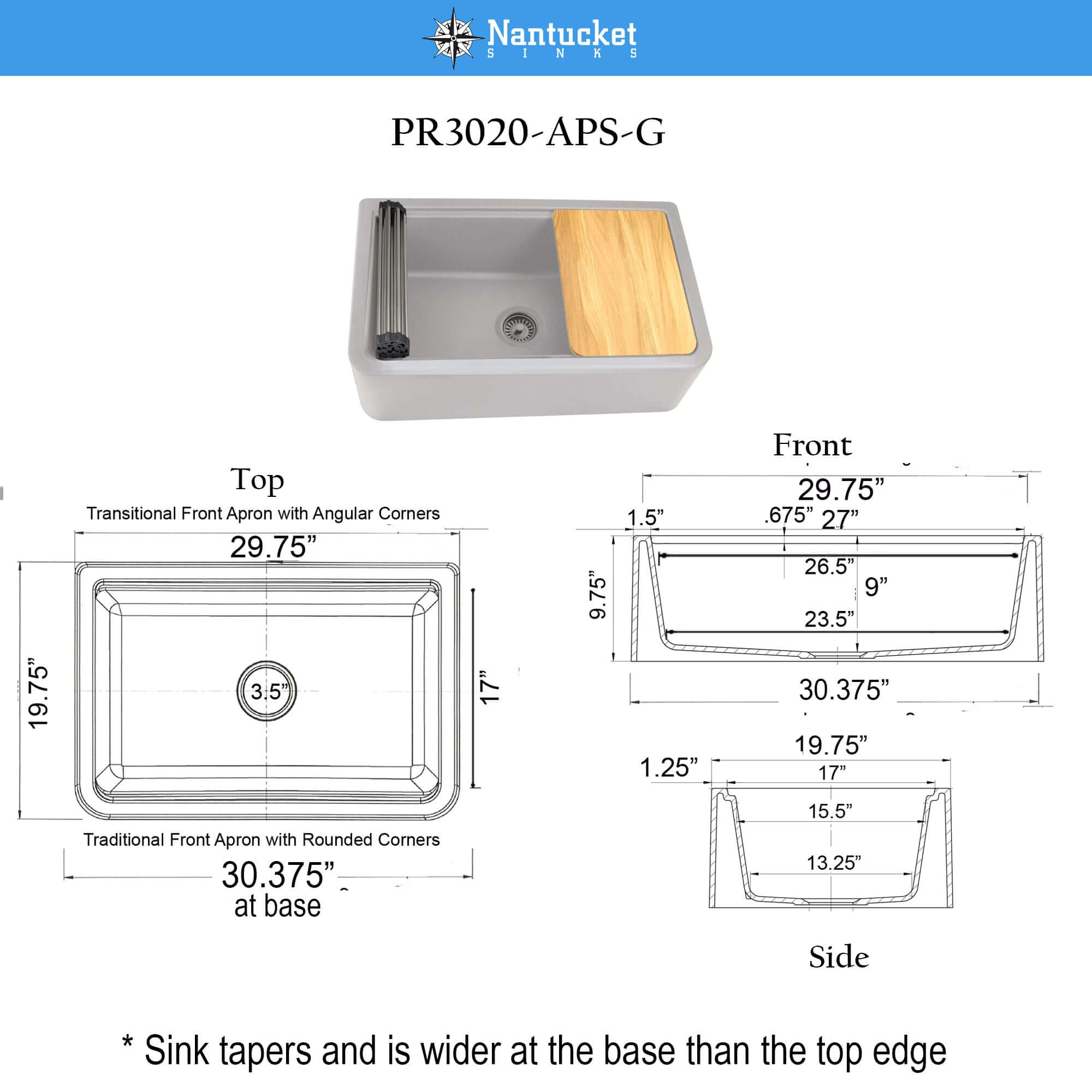 Nantucket Sinks Rockport 30" Granite Composite Workstation Farmhouse Sink with Accessories, Light Grey, PR3020-APS-G
