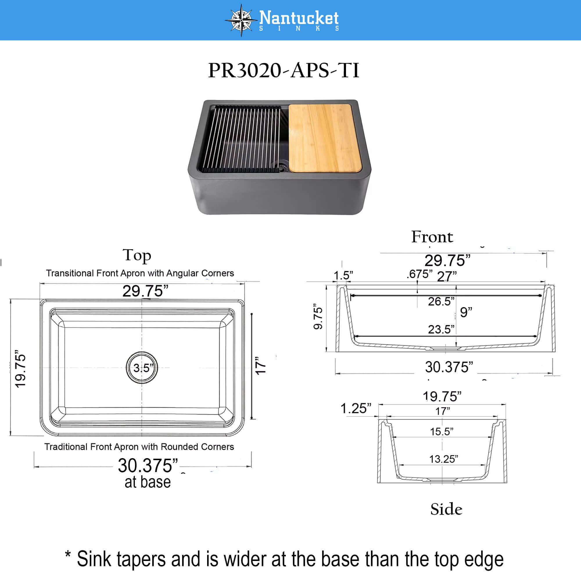 Nantucket Sinks Rockport 30" Granite Composite Workstation Farmhouse Sink with Accessories, Titanium, PR3020-APS-TI