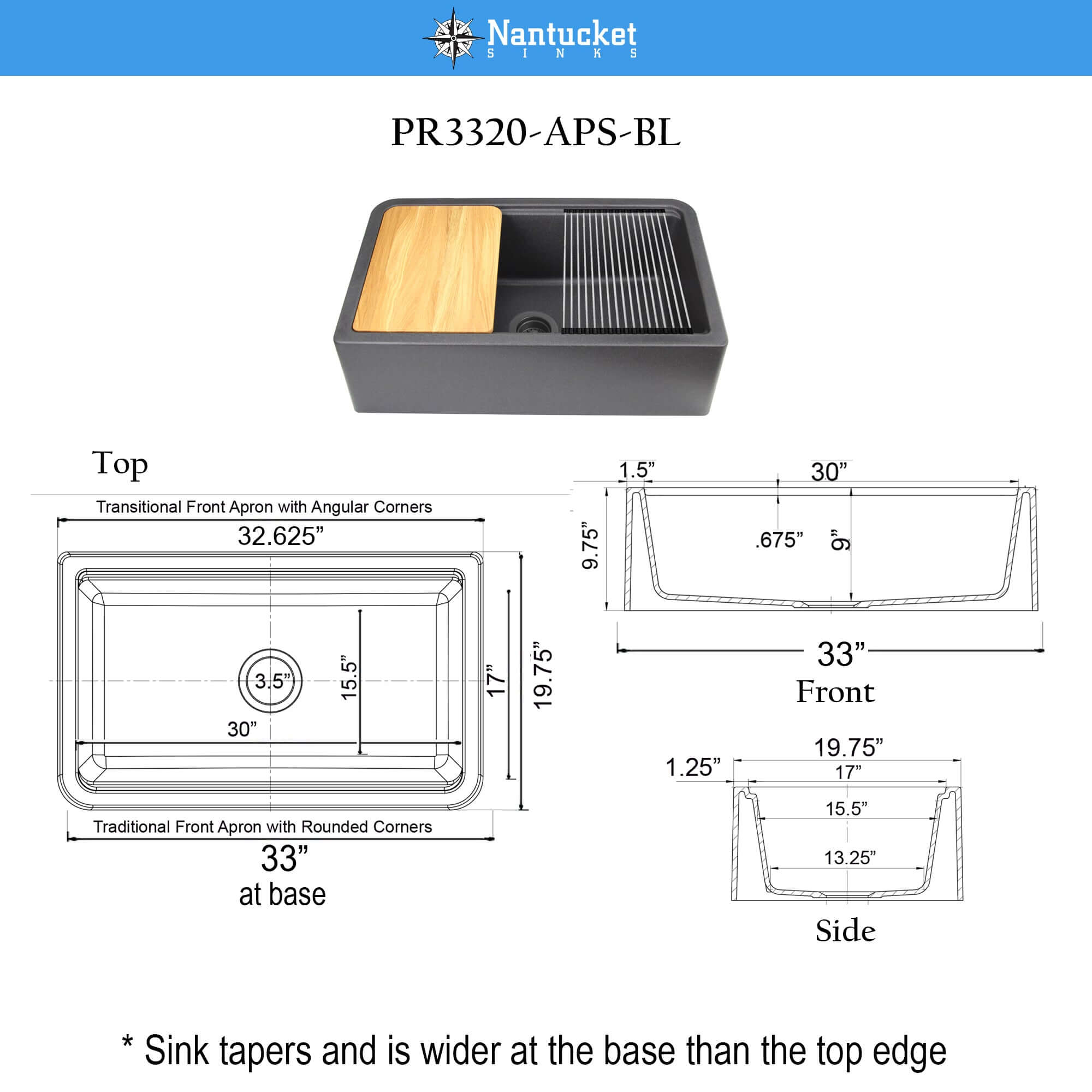 Nantucket Sinks Rockport 30" Granite Composite Workstation Farmhouse Sink with Accessories, Black, PR3020-APS-BL