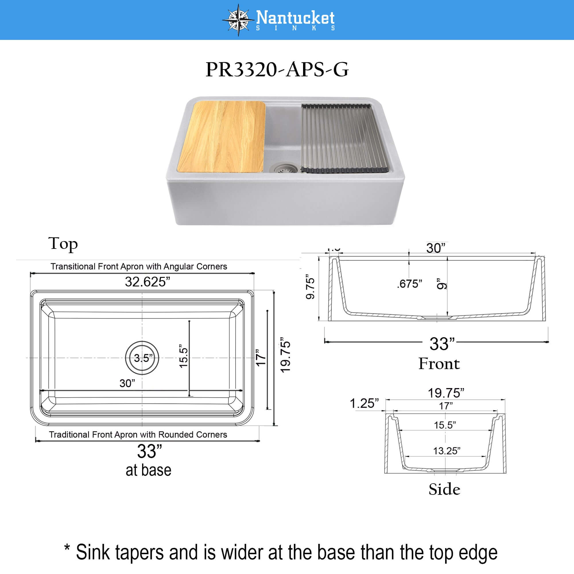 Nantucket Sinks Rockport 33" Granite Composite Workstation Farmhouse Sink with Accessories, Light Grey, PR3320-APS-G