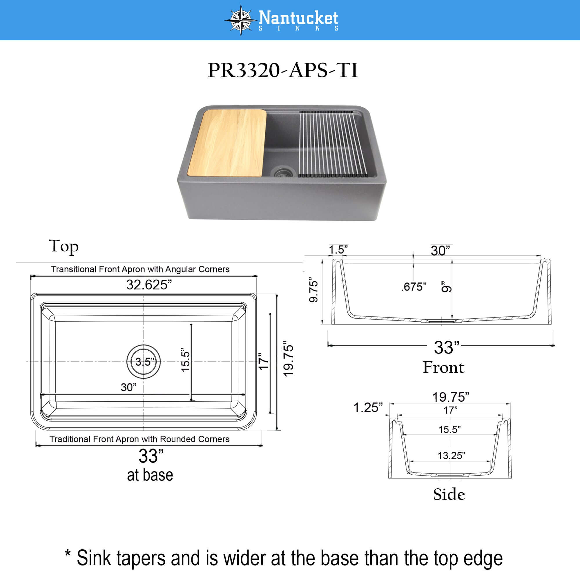 Nantucket Sinks Rockport 33" Granite Composite Workstation Farmhouse Sink with Accessories, Titanium, PR3320-APS-TI