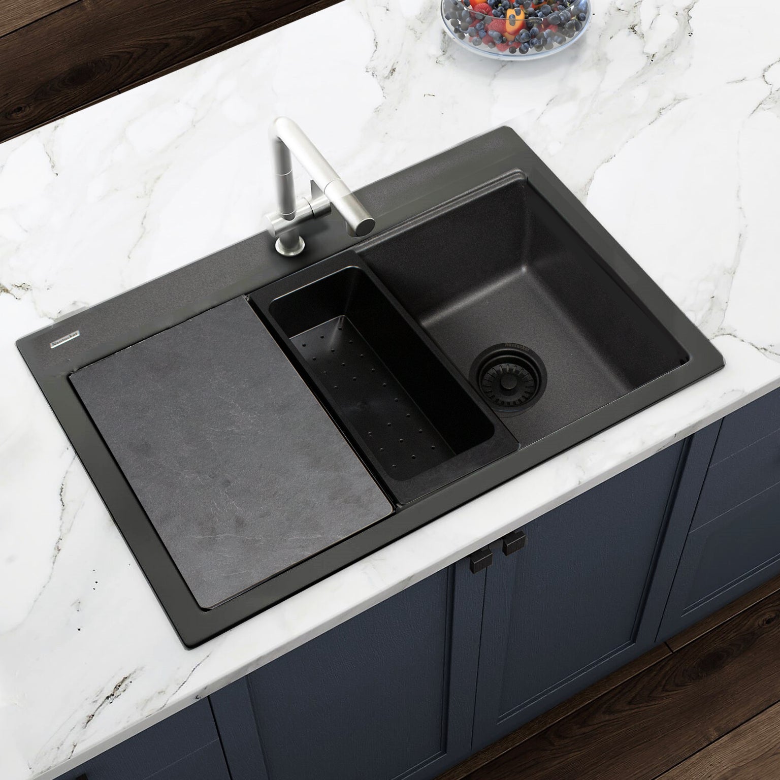 Nantucket sinks plymouth 33 dual mount granite composite workstation kitchen sink black lifestyle image