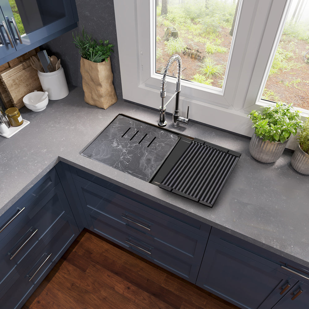 Nantucket Sinks Plymouth 34" Undermount Granite Composite Workstation Kitchen Sink with Accessories, Titanium Grey, PR3419-TI-UM
