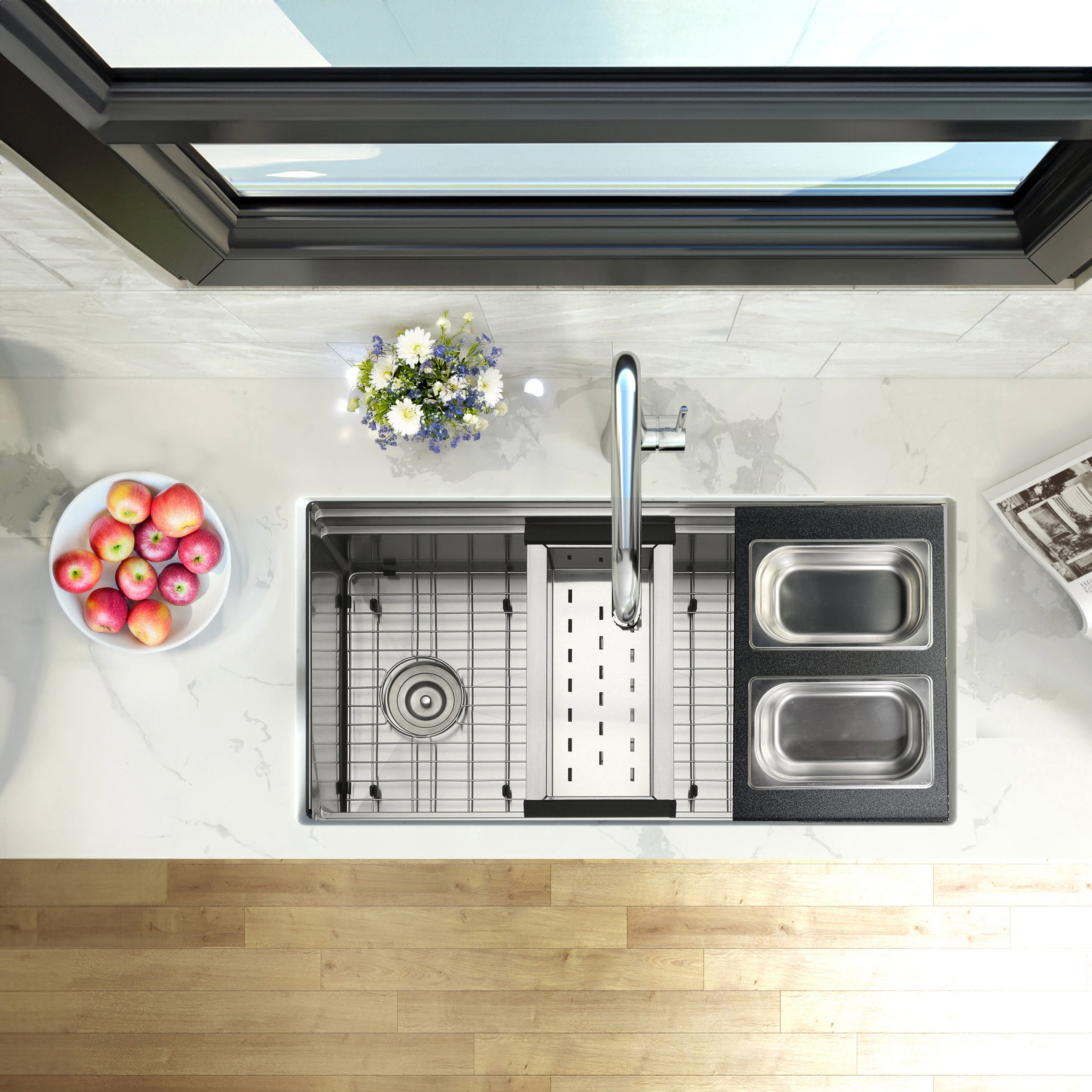 Nantucket sinks premium kitchen 18 prep station condiment tray hdpe/stainless steel lifestyle image