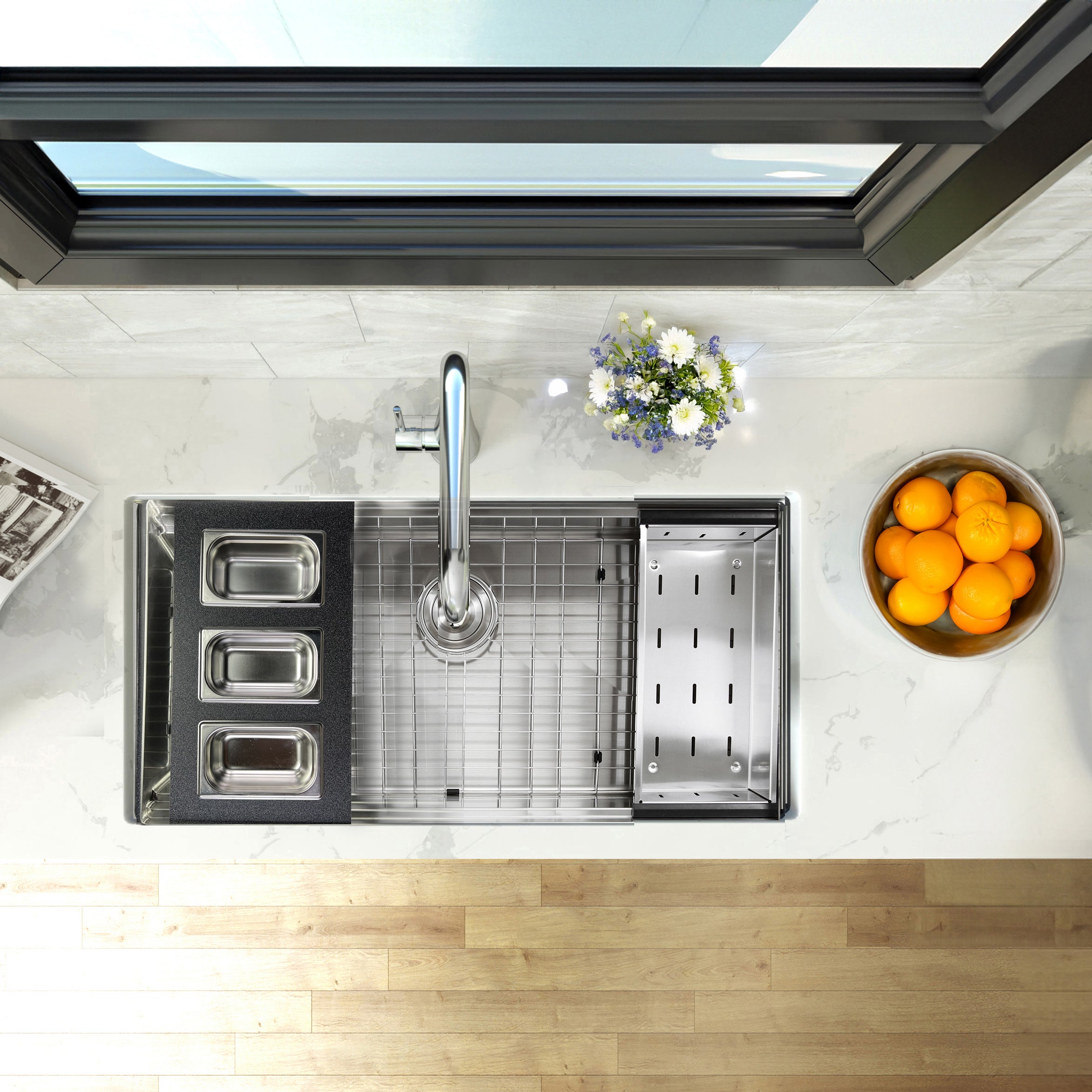 Nantucket sinks premium kitchen 18 prep station condiment tray hdpe/stainless steel lifestyle image