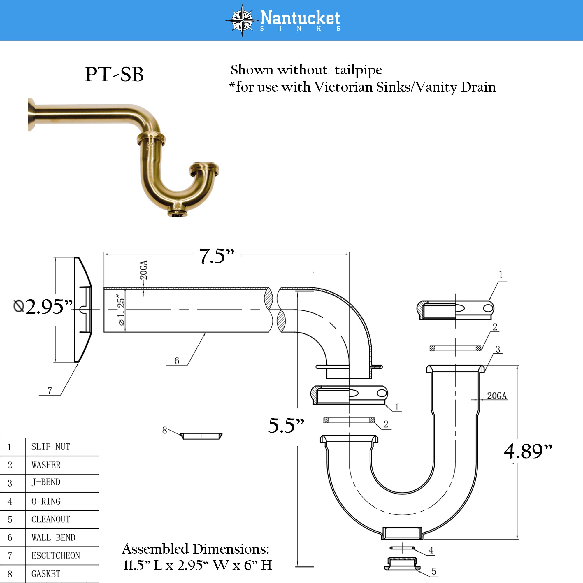 Nantucket Sinks Premium Accessories' P-Trap - Satin Brushed Brass, Brass/PVC, PT-SB