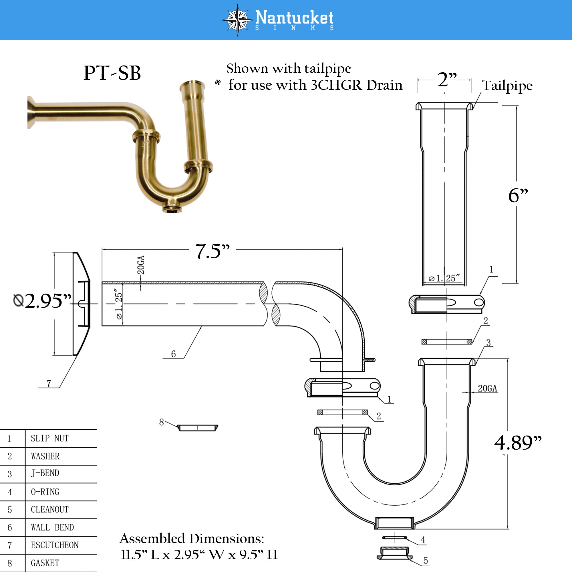 Nantucket Sinks Premium Accessories' P-Trap - Satin Brushed Brass, Brass/PVC, PT-SB