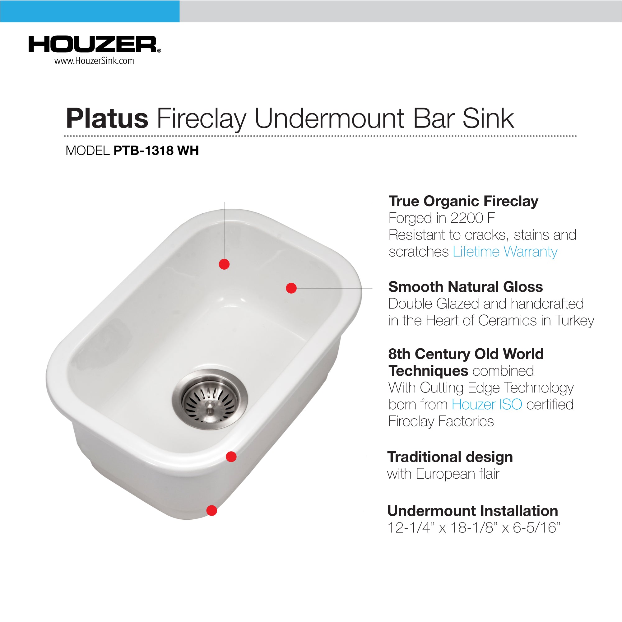 Houzer Platus 13 inch White Fireclay Undermount Single Bowl Bar Sink with Strainer & Grid - PTB-1318 WH-C