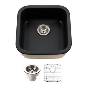 Alternate Image for Houzer Platus 19 inch Black Fireclay Undermount Square Single Bowl Bar Sink - PTB-1919 BL-C with Basket Strainer and Basin Grid Included