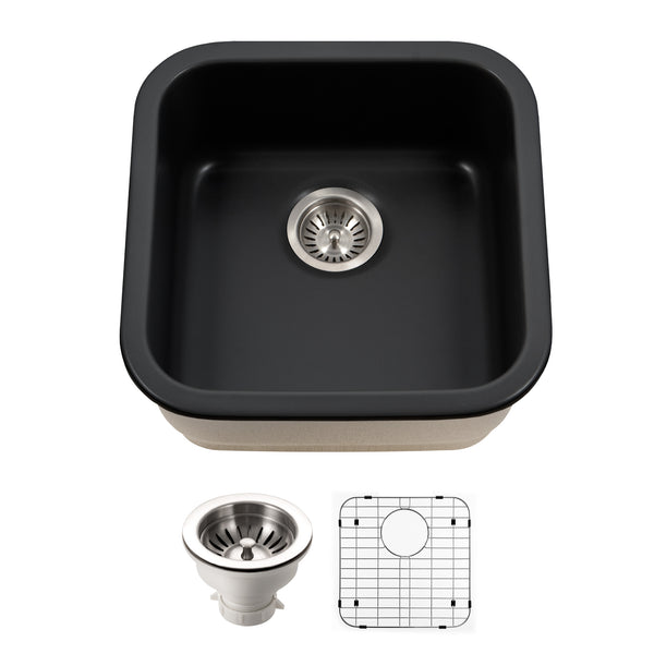 Houzer Platus 19 inch Black Fireclay Undermount Square Single Bowl Bar Sink - PTB-1919 BL-C with Basket Strainer and Basin Grid Included