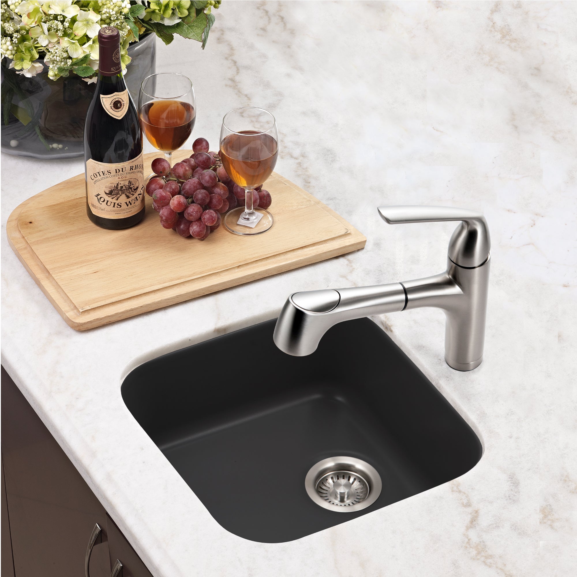 Houzer Platus 19 inch Black Fireclay Undermount Square Single Bowl Bar Sink - PTB-1919 BL-C with Basket Strainer and Basin Grid Included