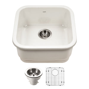 Alternate Image for Houzer Platus 19 inch Biscuit Fireclay Undermount Square Single Bowl Bar Sink - PTB-1919 BQ-C with Basket Strainer and Basin Grid Included