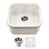 Houzer Platus 19 inch Biscuit Fireclay Undermount Square Single Bowl Bar Sink - PTB-1919 BQ-C with Basket Strainer and Basin Grid Included