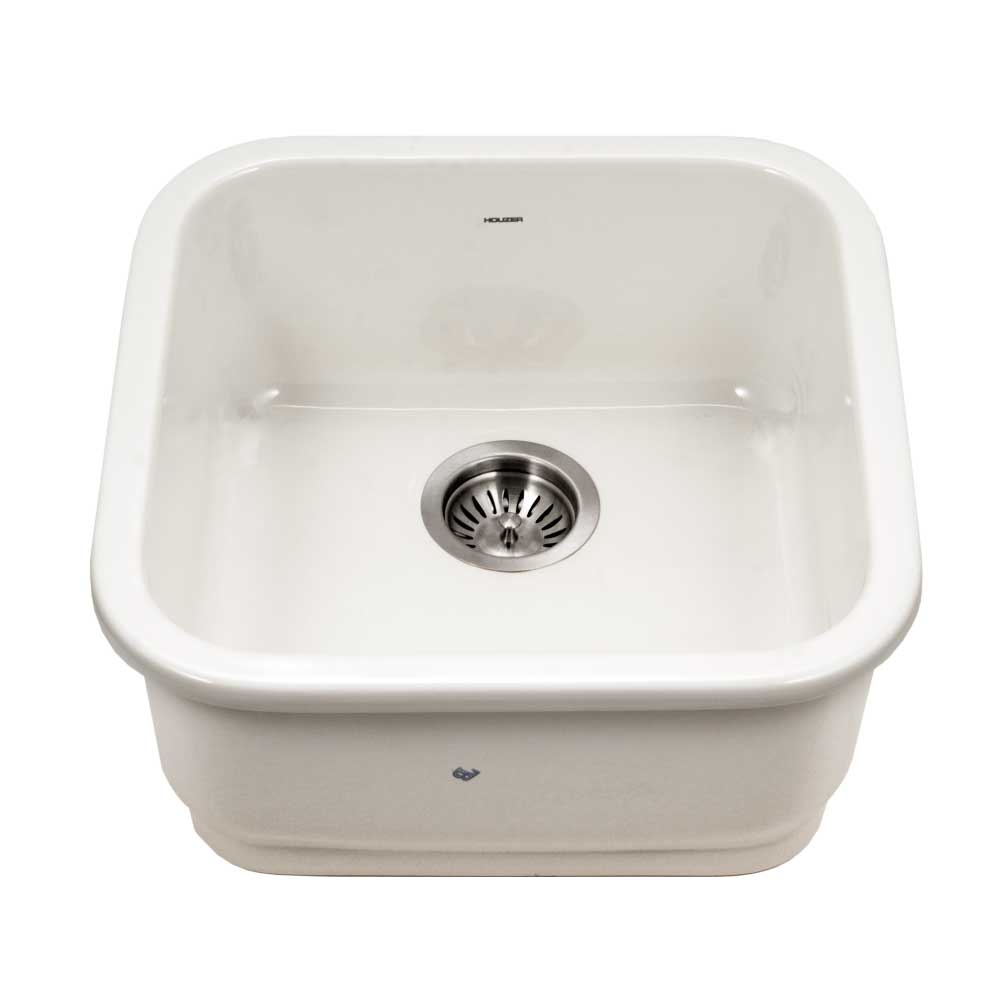 Houzer Platus 19 inch Biscuit Fireclay Undermount Square Single Bowl Bar Sink - PTB-1919 BQ-C with Basket Strainer and Basin Grid Included