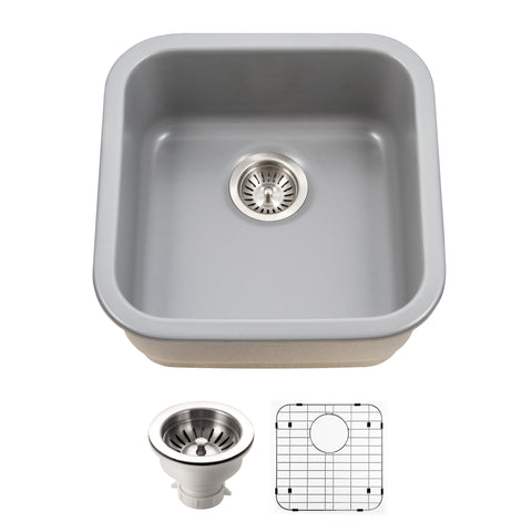 Houzer Platus 19 inch Gray Fireclay Undermount Square Single Bowl Bar Sink - PTB-1919 GR-C with Basket Strainer and Basin Grid Included