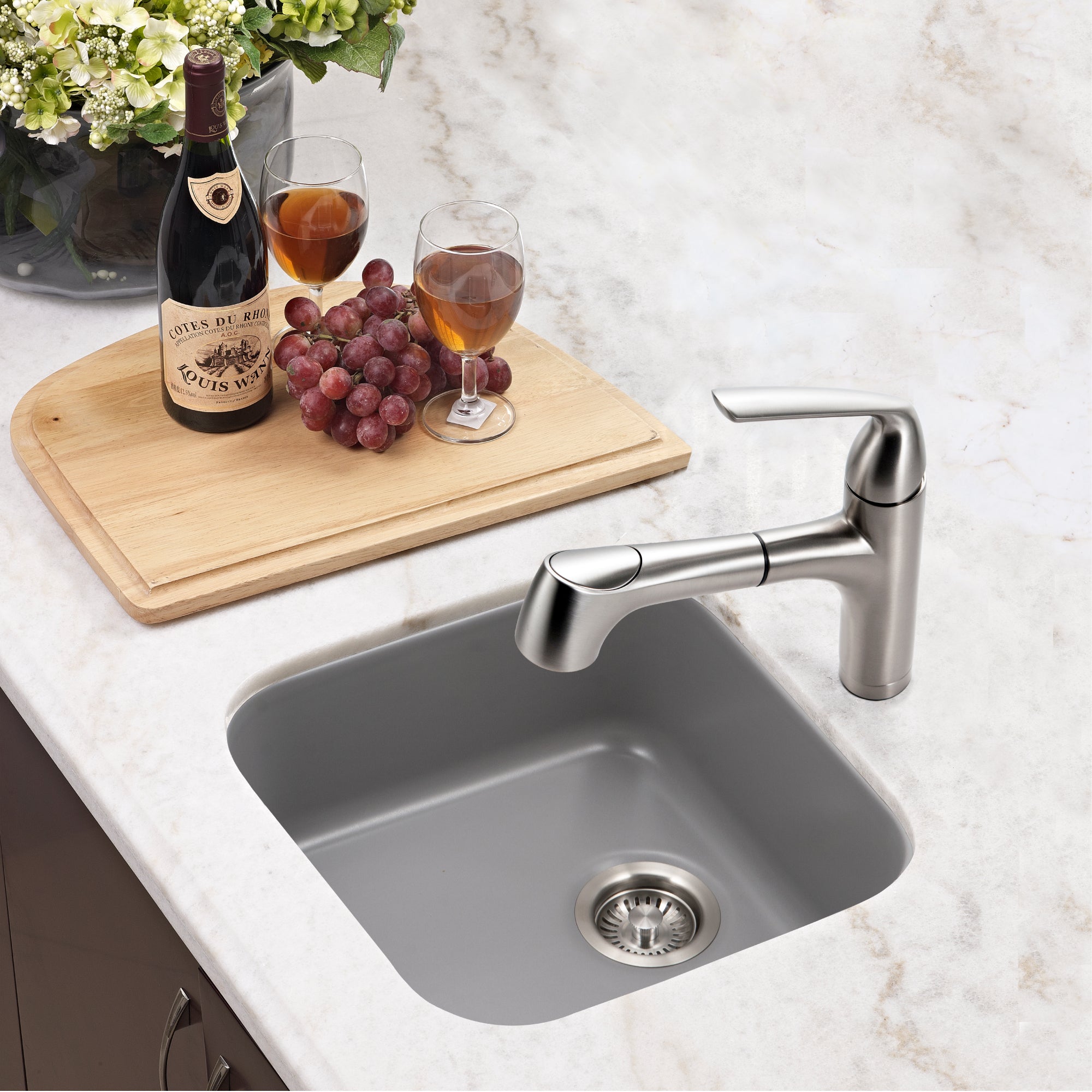 Houzer Platus 19 inch Gray Fireclay Undermount Square Single Bowl Bar Sink - PTB-1919 GR-C with Basket Strainer and Basin Grid Included