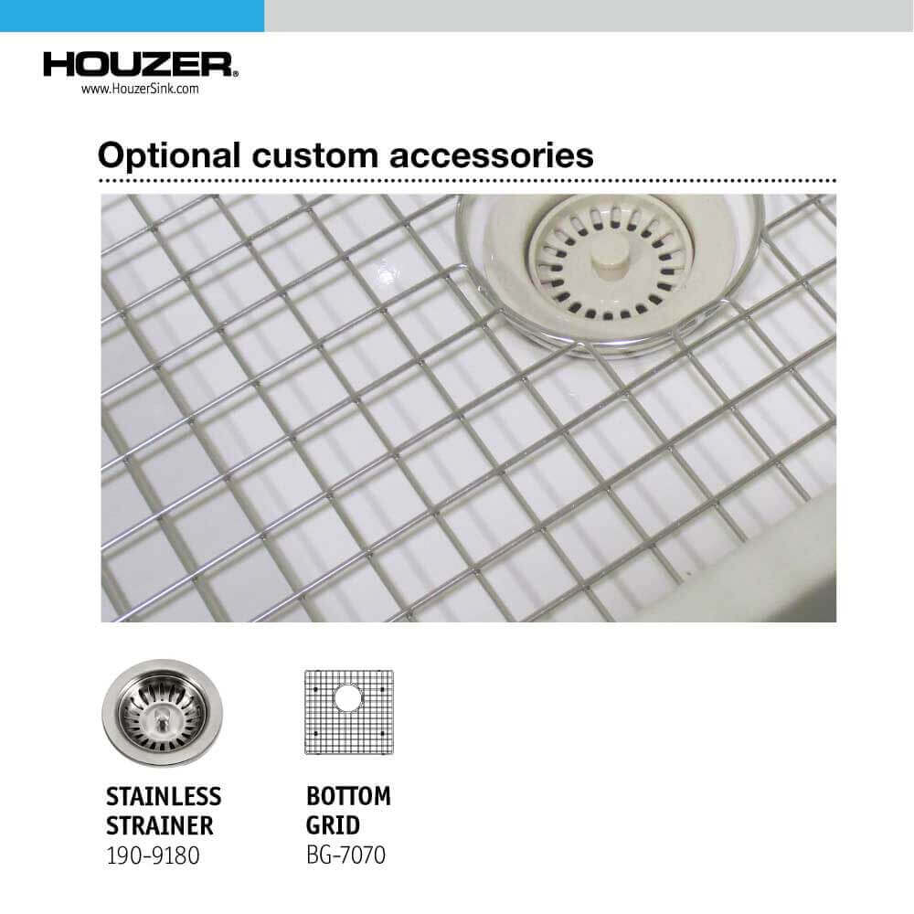 Houzer Platus 36 inch White Fireclay Apron Front Farmhouse Single Bowl Kitchen Sink with Strainer & Grid - PTG-3600 WH-C
