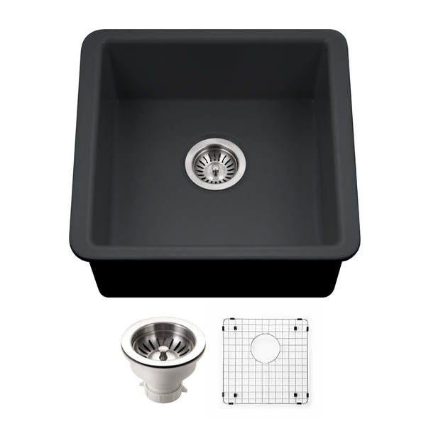 Houzer Platus 20 inch Black Fireclay Undermount Square Single Bowl Bar Sink - PTB-2020 BL-C with Basket Strainer and Basin Grid Included