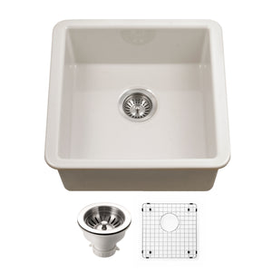 Alternate Image for Houzer Platus 20 inch Biscuit Fireclay Undermount Square Single Bowl Bar Sink - PTB-2020 BQ-C with Basket Strainer and Basin Grid Included