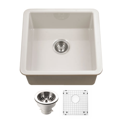 Houzer Platus 20 inch Biscuit Fireclay Undermount Square Single Bowl Bar Sink - PTB-2020 BQ-C with Basket Strainer and Basin Grid Included