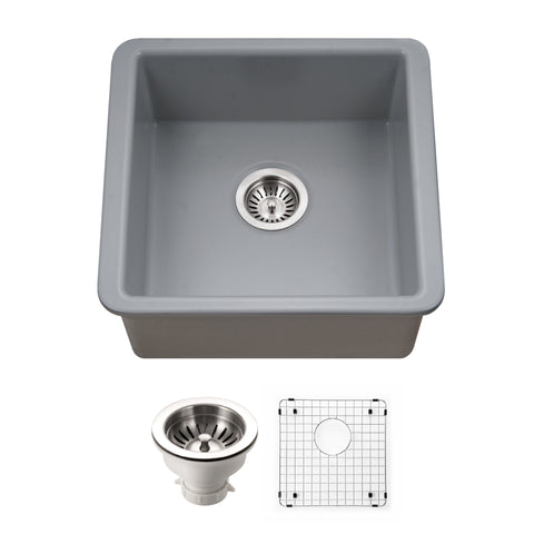 Houzer Platus 20 inch Gray Fireclay Undermount Square Single Bowl Bar Sink - PTB-2020 GR-C with Basket Strainer and Basin Grid Included