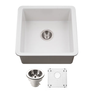 Alternate Image for Houzer Platus 20 inch Matte White Fireclay Undermount Square Single Bowl Bar Sink - PTB-2020 MWH-C with Basket Strainer and Basin Grid Included