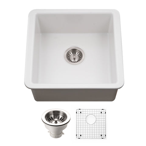 Houzer Platus 20 inch Matte White Fireclay Undermount Square Single Bowl Bar Sink - PTB-2020 MWH-C with Basket Strainer and Basin Grid Included