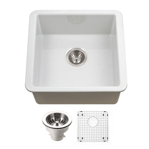 Alternate Image for Houzer Platus 20 inch White Fireclay Undermount Square Single Bowl Bar Sink - PTB-2020 WH-C with Basket Strainer and Basin Grid Included