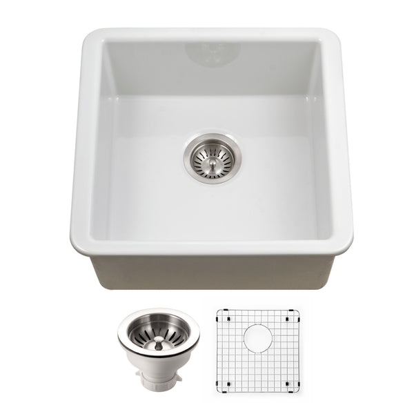 Houzer Platus 20 inch White Fireclay Undermount Square Single Bowl Bar Sink - PTB-2020 WH-C with Basket Strainer and Basin Grid Included