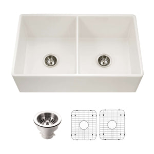 Alternate Image for Houzer Platus 33 inch Biscuit Fireclay Apron Front Farmhouse 50/50 Double Bowl Kitchen Sink - PTD-4400 BQ-C with Basket Strainer and Basin Grid Included