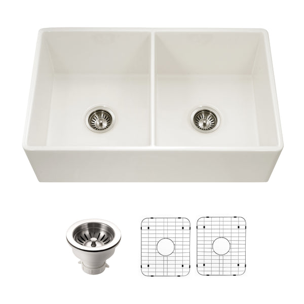 Houzer Platus 33 inch Biscuit Fireclay Apron Front Farmhouse 50/50 Double Bowl Kitchen Sink - PTD-4400 BQ-C with Basket Strainer and Basin Grid Included