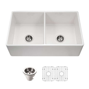 Alternate Image for Houzer Platus 33 inch White Fireclay Apron Front Farmhouse 50/50 Double Bowl Kitchen Sink with Strainer & Grids - PTD-4400 WH-C