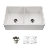 Houzer Platus 33 inch White Fireclay Apron Front Farmhouse 50/50 Double Bowl Kitchen Sink with Strainer & Grids - PTD-4400 WH-C