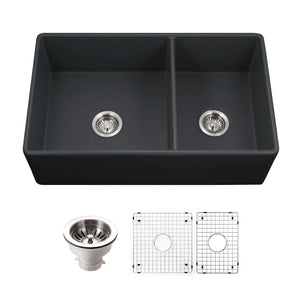 Alternate Image for Houzer Platus 33 inch Black Fireclay Apron Front Farmhouse 60/40 Double Kitchen Sink - PTD-6040 BL-C with Basket Strainer and Basin Grids Included