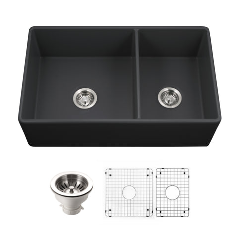 Houzer Platus 33 inch Black Fireclay Apron Front Farmhouse 60/40 Double Kitchen Sink - PTD-6040 BL-C with Basket Strainer and Basin Grids Included