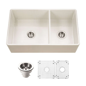 Alternate Image for Houzer Platus 33 inch Biscuit Fireclay Apron Front Farmhouse 60/40 Double Bowl Kitchen Sink - PTD-6040 BQ-C with Basket Strainer and Basin Grids Included