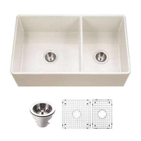 Houzer Platus 33 inch Biscuit Fireclay Apron Front Farmhouse 60/40 Double Bowl Kitchen Sink - PTD-6040 BQ-C with Basket Strainer and Basin Grids Included